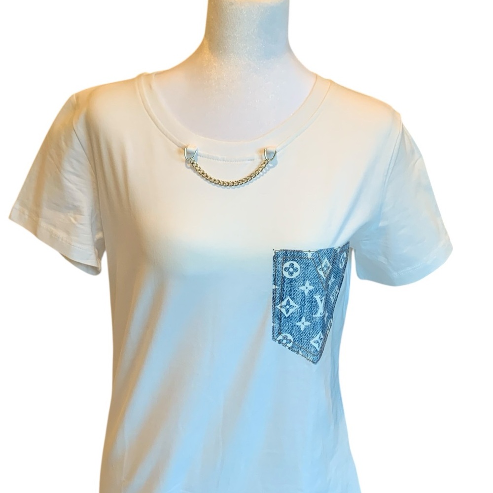 ➰Louis Vuitton Style Logo Jacquard Denim Pocket T-Shirt ➰ - Picture 3 of 9
